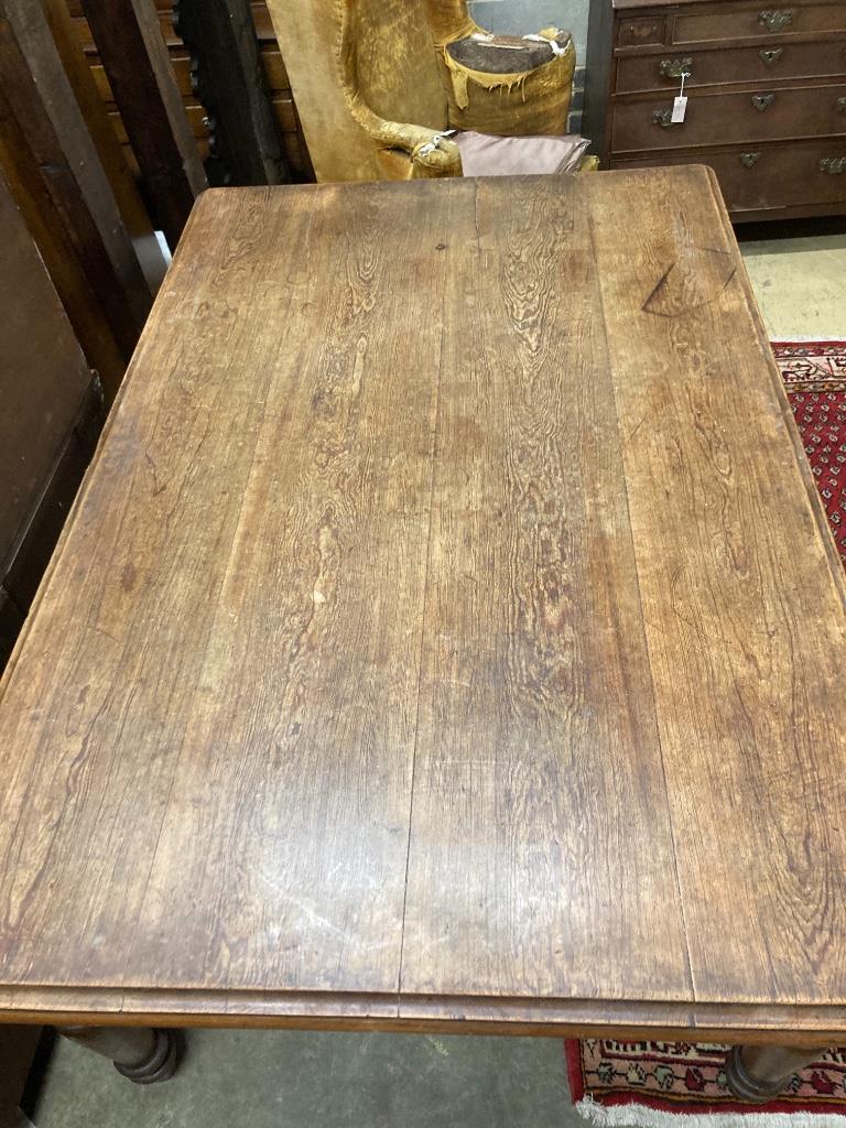 A Victorian rectangular pitch pine two drawer kitchen table, length 186cm, depth 122cm, height 75cm